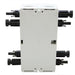 Rear view of AIMS Power 1600V 64A solar disconnect switch showing white mounting backplate, black connector pairs on both sides, screw slots, and molded installation points.