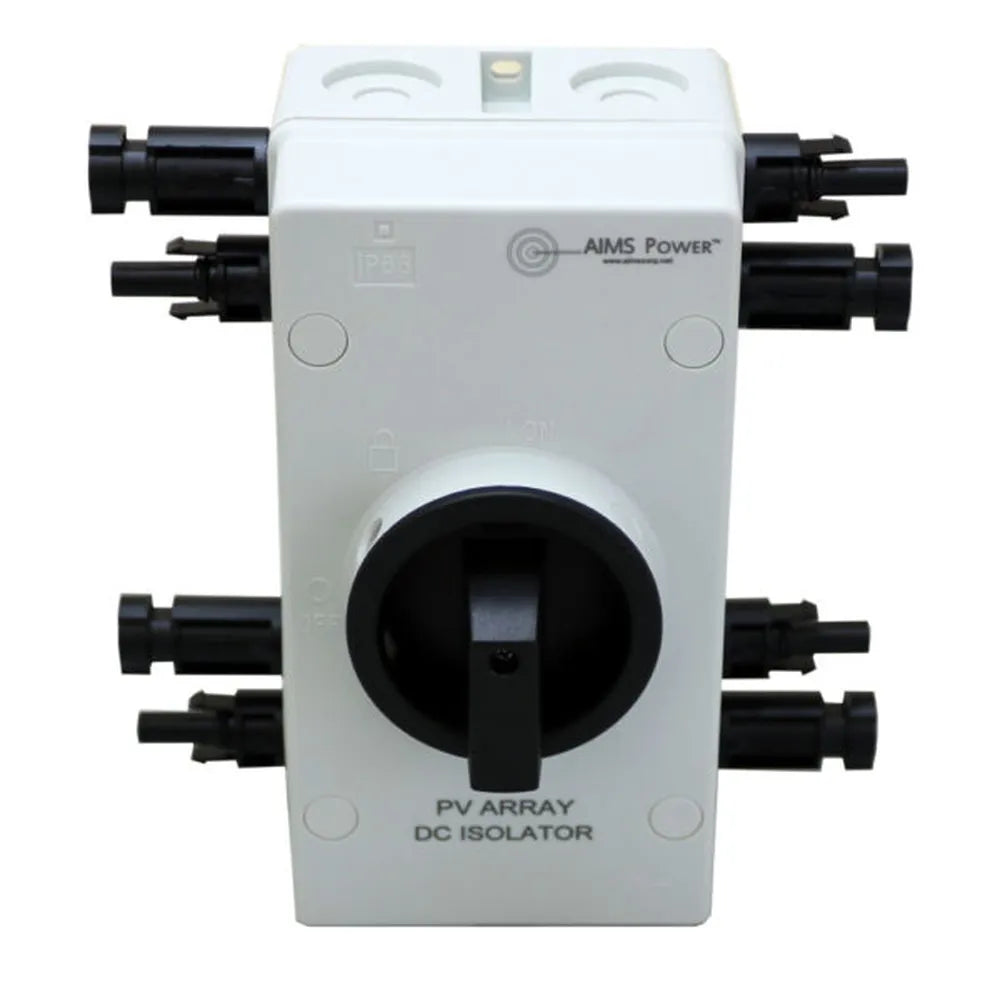 Front view of AIMS Power 1600V 64A PV array DC isolator switch with white IP66 enclosure, black rotary handle, side-mounted solar connectors, and “PV ARRAY DC ISOLATOR” label.