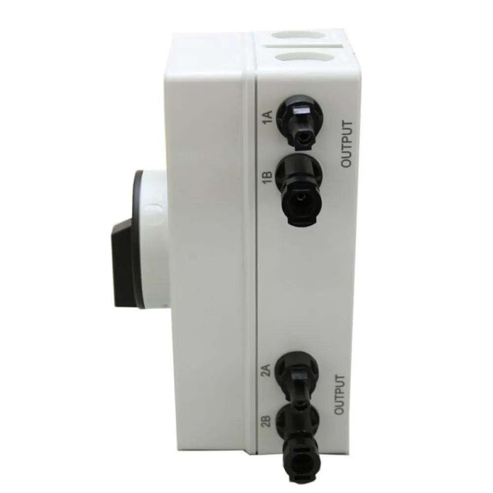 Right-side view of AIMS Power solar disconnect switch with OUTPUT labels, 1A/1B and 2A/2B connector ports, white weather-resistant housing, and protruding rotary DC isolator handle.