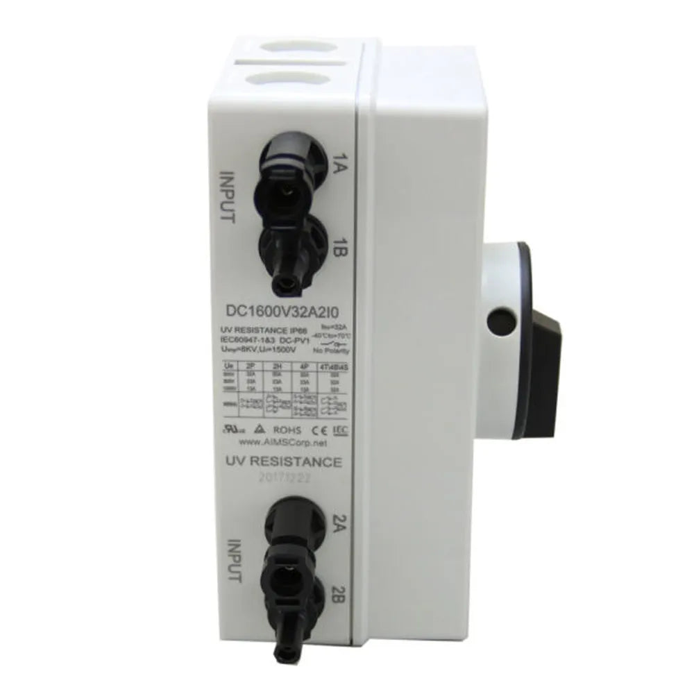 Left-side view of AIMS Power DC1600V32A2I0 solar isolator with INPUT labels, 1A/1B and 2A/2B black PV connectors, UV resistance rating, certification markings, and side specification label.