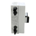 Left-side view of AIMS Power DC1600V32A2I0 solar isolator with INPUT labels, 1A/1B and 2A/2B black PV connectors, UV resistance rating, certification markings, and side specification label.
