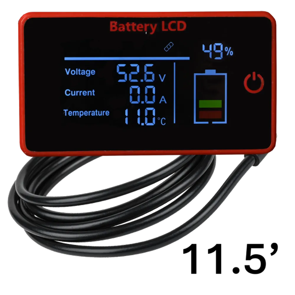 AIMS Power 48V 200Ah lithium golf cart Battery LCD display showing 52.6V, 0.0A, 11°C, and 49% charge.
