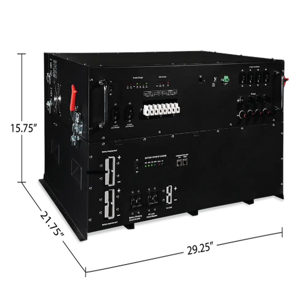 Angled view of AIMS Power AIO-12V solar generator showing PV input ports, AC terminals, status LEDs, handles, and black metal case.