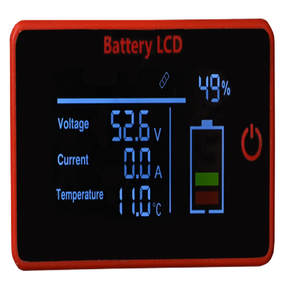 Battery LCD monitor for AIMS Power golf cart battery showing 52.6V voltage, 0.0A current, 11°C temperature, and 49% charge.