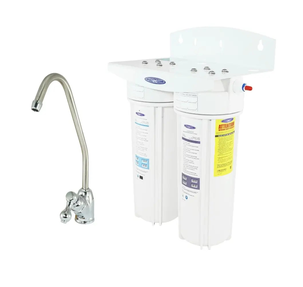 Crystal Quest Double Under Sink Fluoride Water Filtration System with chrome faucet, white background.