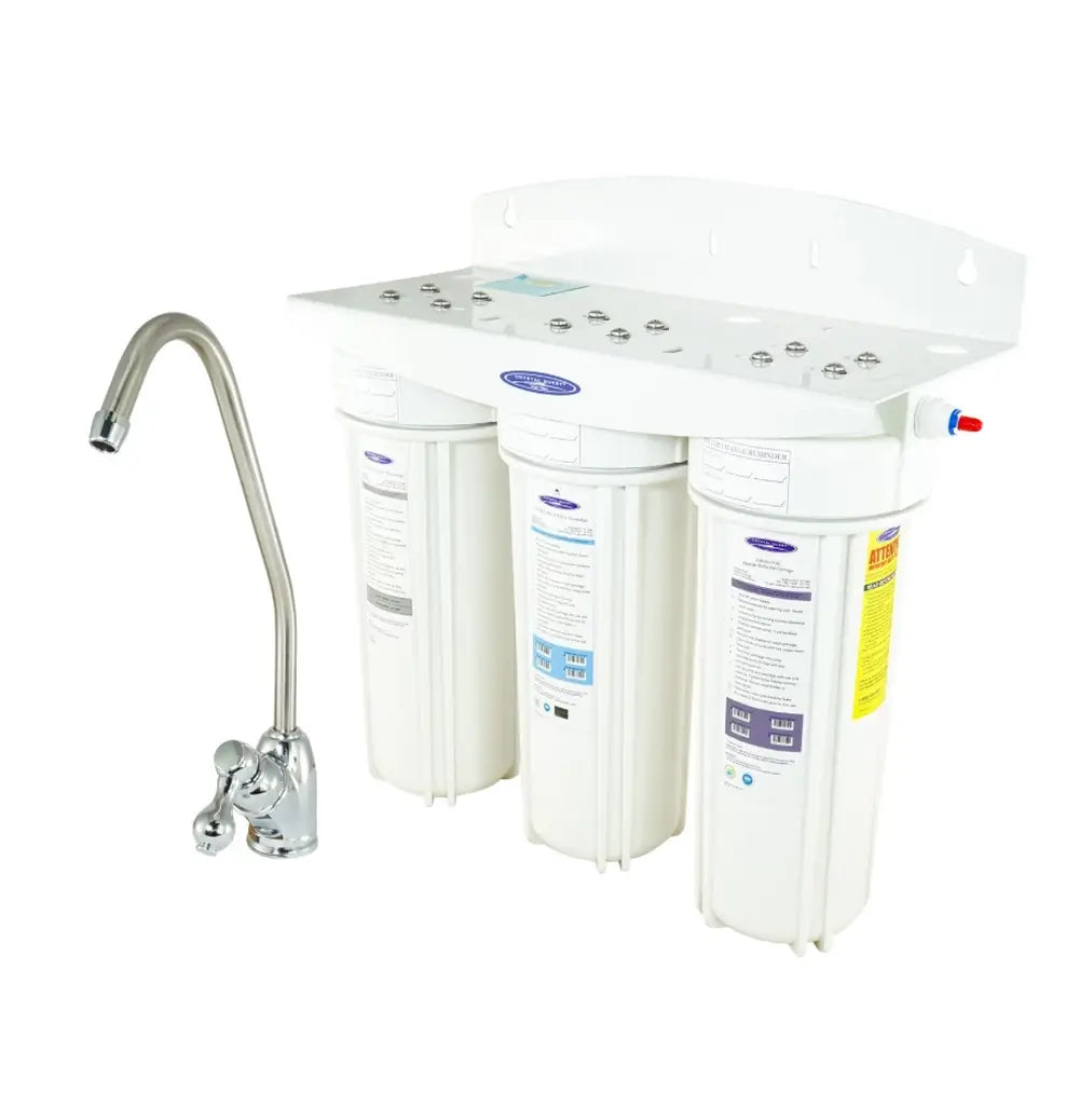 Crystal Quest Triple Under Sink Fluoride Water Filtration System with chrome faucet, white background.
