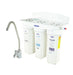 Crystal Quest Triple Under Sink Fluoride Water Filtration System with chrome faucet, white background.