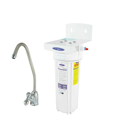 Crystal Quest Single Under Sink Fluoride Water Filtration System with chrome faucet, white background.