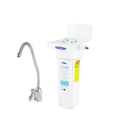 Crystal Quest Fluoride SMART Under Sink Filtration System featuring white filter canister and dedicated chrome drinking water faucet.