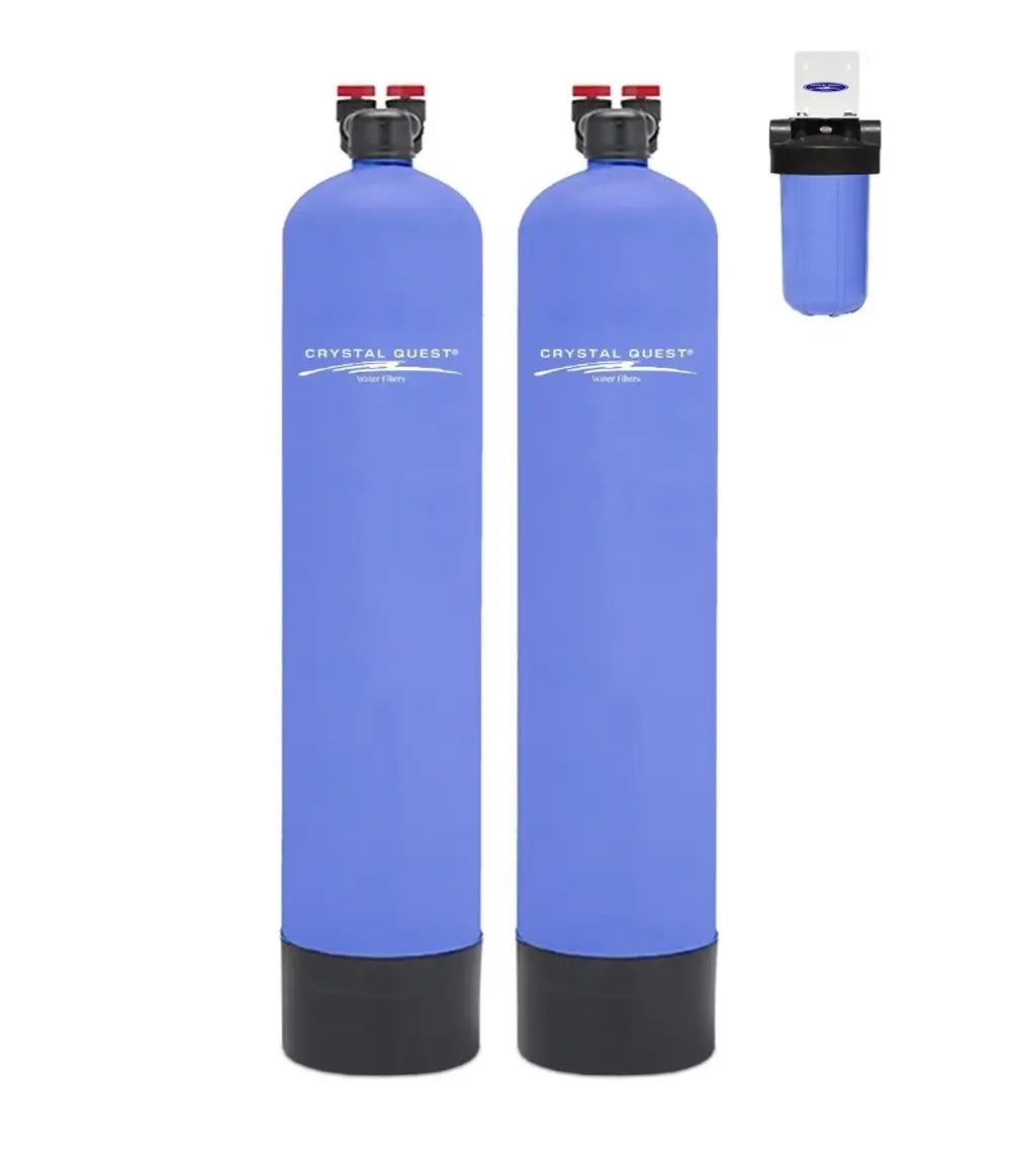 Crystal Quest Guardian Dual Tank Whole House Water Filtration System featuring two blue filter tanks and a pre-filtration housing.