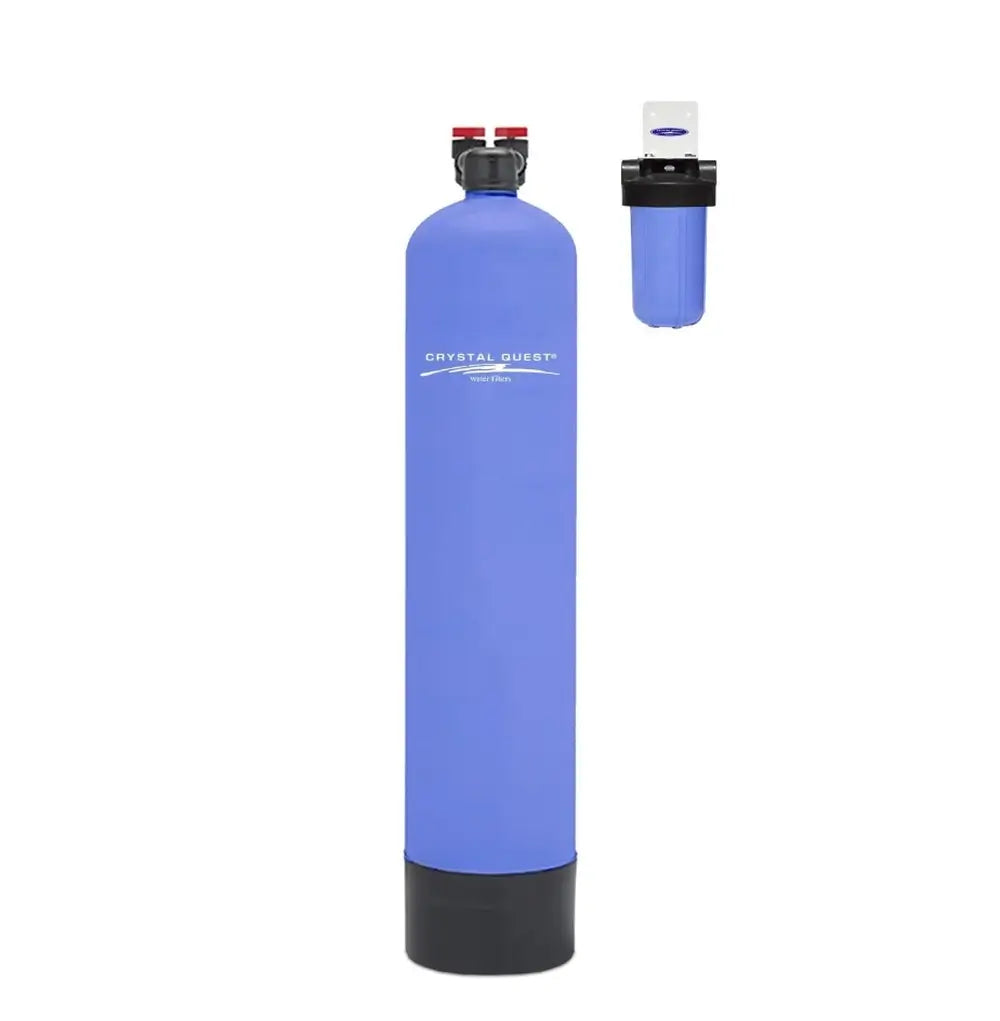 Crystal Quest Guardian Whole House Water Filtration System with single blue filter tank and sediment pre-filter.