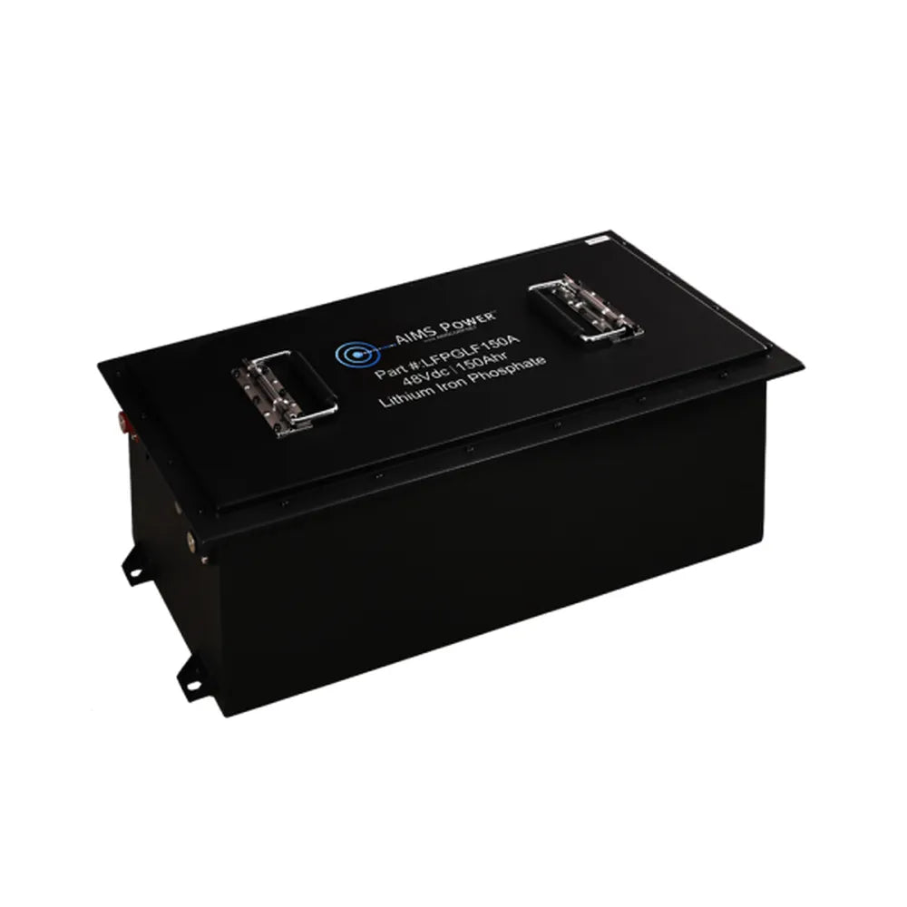 Front terminal view of AIMS Power 48V lithium golf cart battery with mounting feet, power switch, ports, and connectors.
