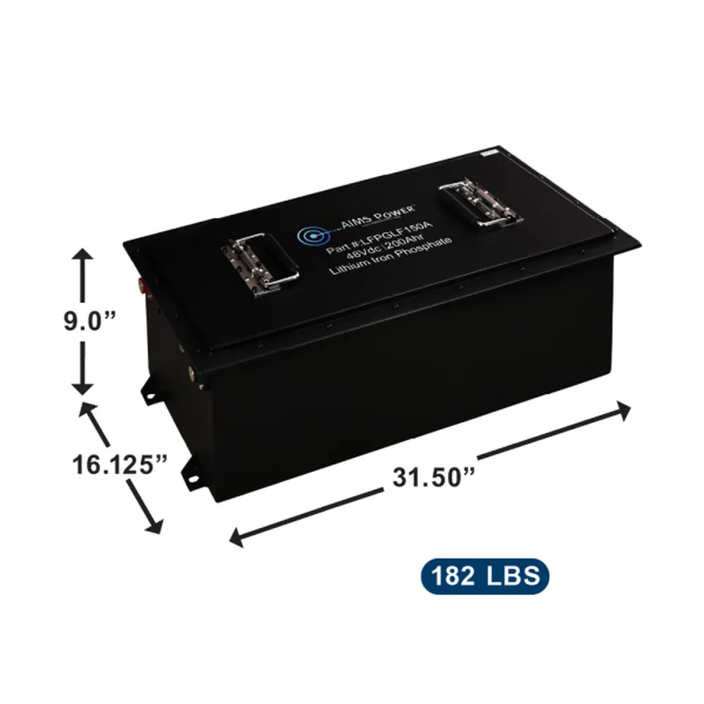 AIMS Power 48V 200Ah LiFePO4 battery with 31.5 x 16.125 x 9 inch dimensions and 182 lb weight.