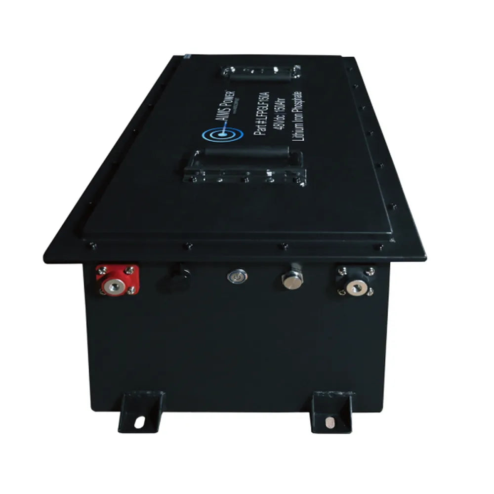 Front terminal view of AIMS Power 48V lithium golf cart battery with mounting feet, power switch, ports, and connectors.