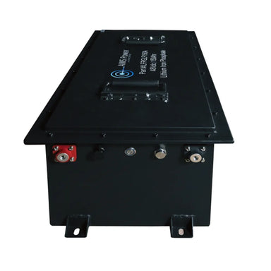 Front view of AIMS Power 48V 150Ah lithium golf cart battery with terminals, ports, handles, and mounting brackets.