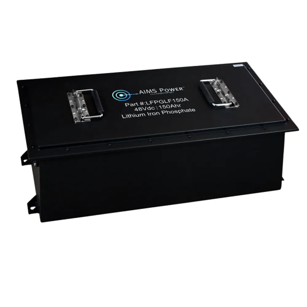 Angled product view of AIMS Power 48V 105Ah lithium iron phosphate golf cart battery with black metal case.