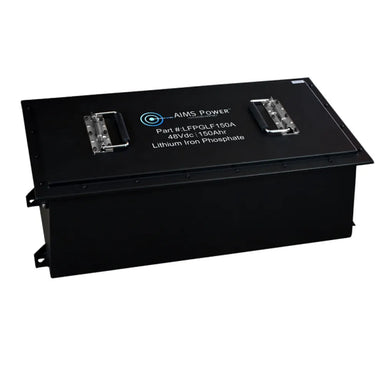 Angled product view of AIMS Power 48V 200Ah lithium iron phosphate golf cart battery with metal handles and black case.