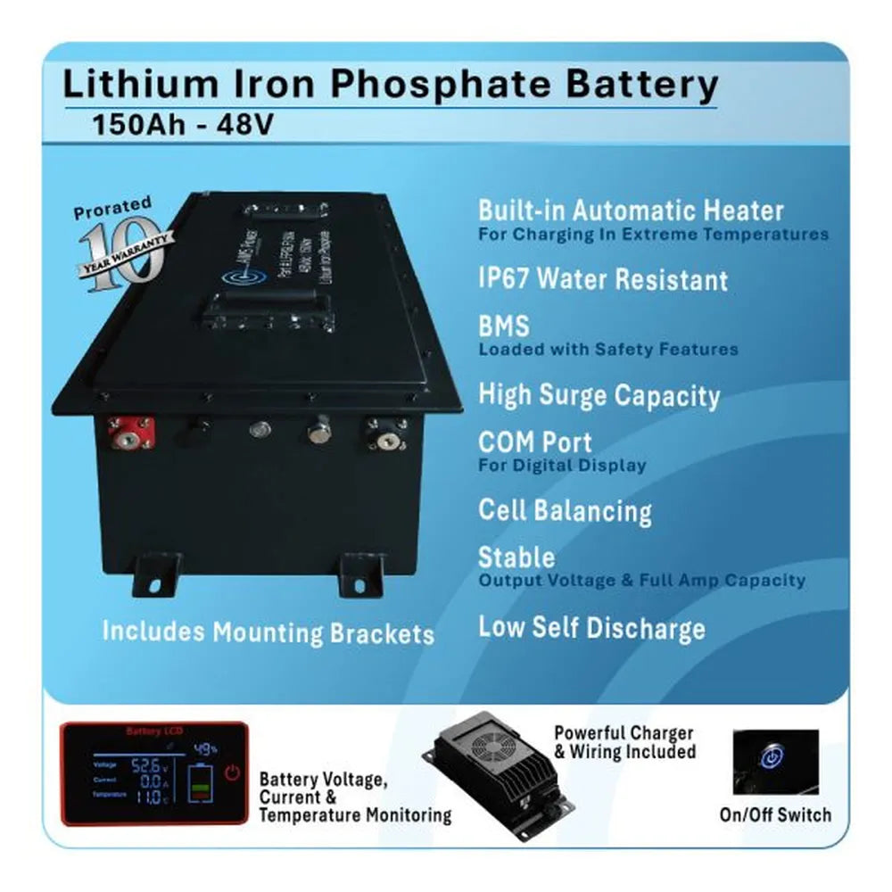 AIMS Power 48V 150Ah lithium iron phosphate battery features graphic with heater, IP67 water resistance, BMS, COM port, and 10-year warranty.