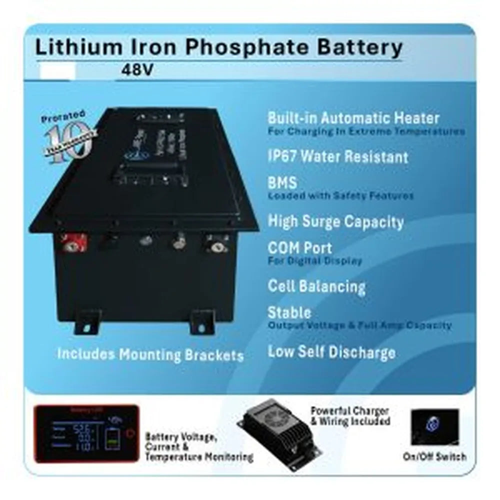 AIMS Power 48V LiFePO4 golf cart battery features graphic highlighting heater, IP67 water resistance, BMS, COM port, and low self discharge.