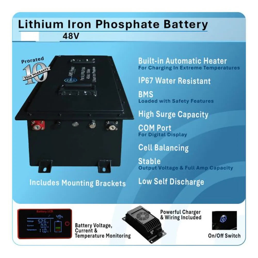 AIMS Power 48V 150Ah lithium iron phosphate battery features graphic with heater, IP67 water resistance, BMS, COM port, and 10-year warranty.