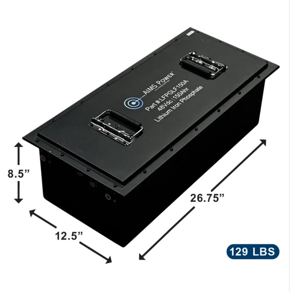 AIMS Power 48V 150Ah LiFePO4 golf cart battery with 26.75 x 12.5 x 8.5 inch dimensions and 129 lb weight.