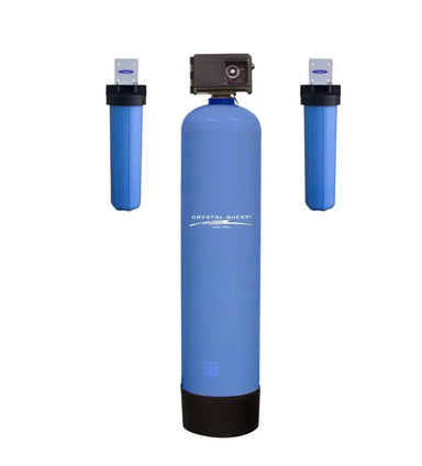 Crystal Quest High Flow Water Filtration system with tall blue media tank and two wall-mount filters.