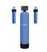 Crystal Quest High Flow Water Filtration system with tall blue media tank and two wall-mount filters.