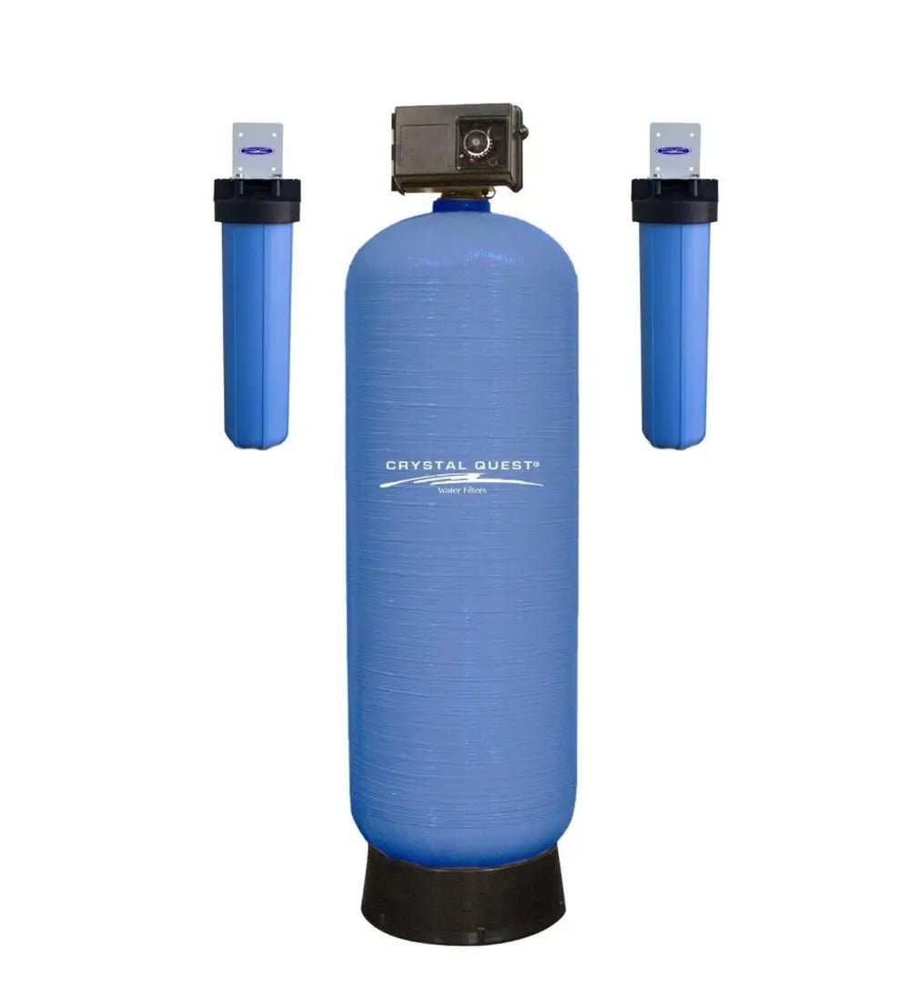 Crystal Quest High Flow Water Filtration system with large blue tank and two blue cartridge filters.