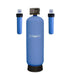 Crystal Quest High Flow Water Filtration system with large blue tank and two blue cartridge filters.