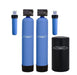 Crystal Quest High Flow Water Filtration system with two blue tanks, two cartridge filters, and black brine tank.