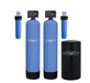 Crystal Quest High Flow Water Filtration system with twin blue media tanks, two filters, and black brine tank.
