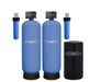 Crystal Quest High Flow Water Filtration system with two large blue tanks, side filters, and black brine tank.
