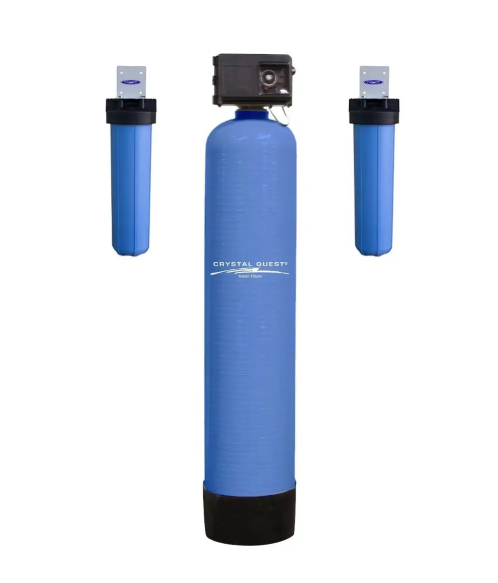 Crystal Quest High Flow Water Filtration system with single blue tank and two side cartridge filters.