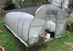 Front exterior of the Camellia 10x19.5 Greenhouse Kit featuring a black shade cloth cover and Dutch-style door in a residential backyard setting.