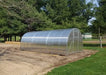 A fully assembled GreenhouseToGrow Camellia Greenhouse Kit standing in an open field, showcasing its spacious tunnel design and translucent panels.