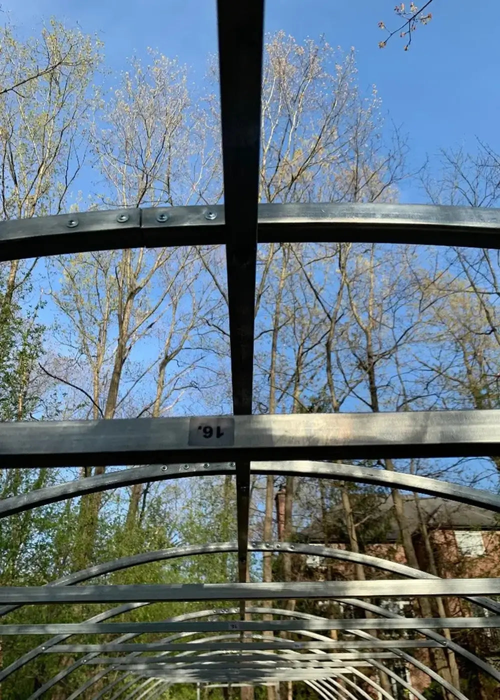 Upward-facing detail shot of the galvanized steel rafters and support frame of the GreenhouseToGrow Camellia 10x32.5 Greenhouse Kit against a clear blue sky.