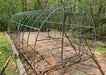 Construction phase of a GreenhouseToGrow Camellia 10x26 greenhouse showing the galvanized steel frame assembly on a timber foundation.