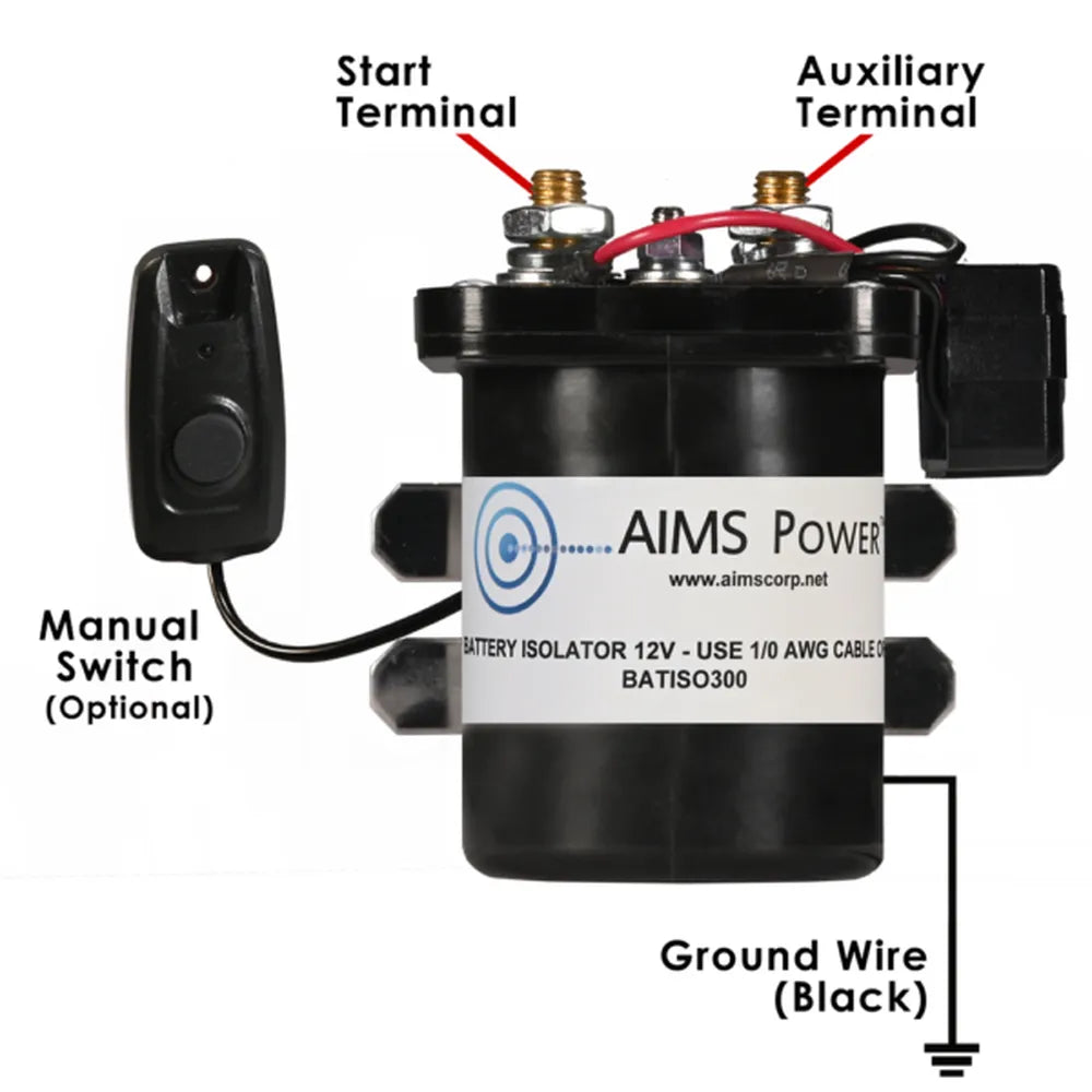 AIMS Power 300A dual battery isolator labeled with start terminal, auxiliary terminal, optional manual switch, and ground wire.