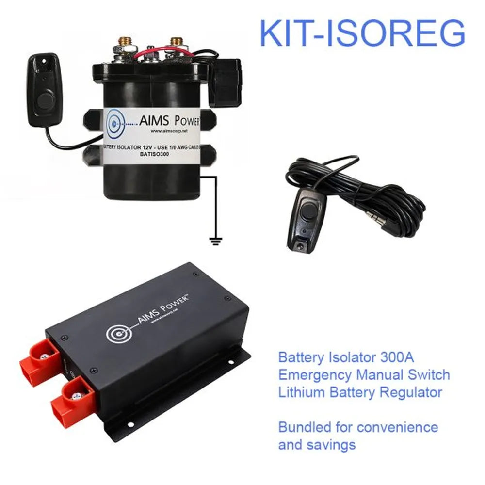 AIMS Power KIT-ISOREG lithium regulator isolator bundle with 300A battery isolator, manual switch, and battery regulator.