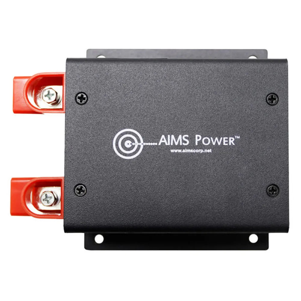 AIMS Power 100A lithium battery regulator top view with mounting bracket and red terminal connections.