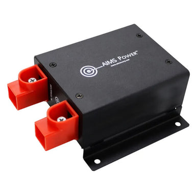 AIMS Power 100A lithium battery regulator with black metal housing and red alternator battery terminals.