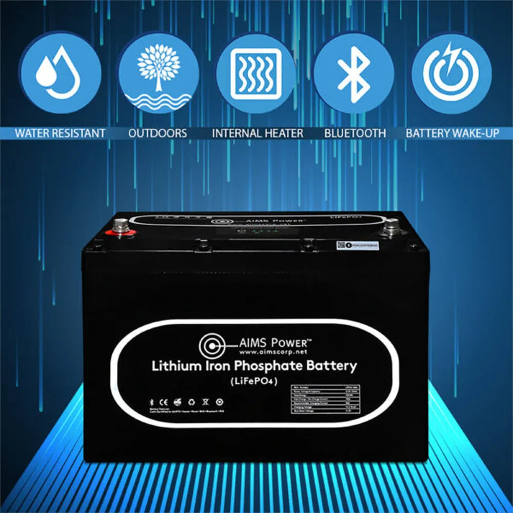 AIMS Power 12V 104Ah LiFePO4 lithium battery with water resistant, Bluetooth, internal heater, and battery wake-up features.