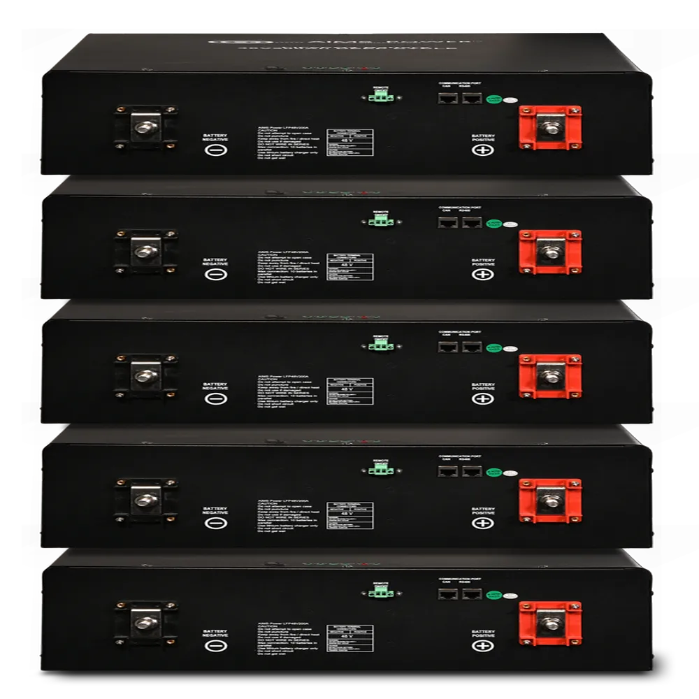 Front view of stacked AIMS Power lithium battery modules showing positive and negative terminals, network ports, and data connections.