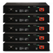 Front view of stacked AIMS Power lithium battery modules showing positive and negative terminals, network ports, and data connections.