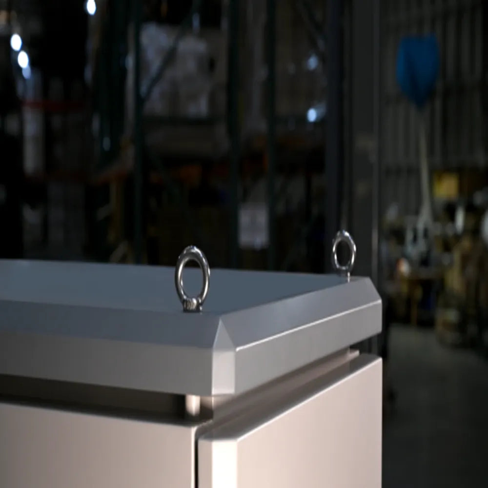 Close-up of AIMS Power lithium battery cabinet top eye hooks for lifting and industrial installation.