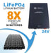 AIMS Power 24V 400Ah LiFePO4 lithium battery graphic highlighting 8x overall life, 24V deep cycle power, and 96 battery equivalent lifespan.
