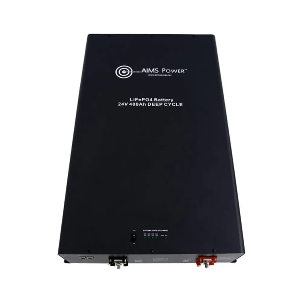 Front view of AIMS Power 24V 400Ah LiFePO4 deep cycle lithium battery with status LEDs, power switch, and terminal ports.