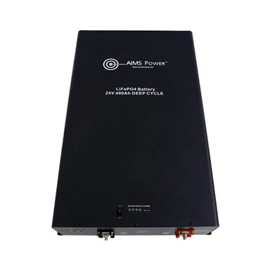 Front view of AIMS Power 24V 400Ah LiFePO4 deep cycle lithium battery with status LEDs, power switch, and terminal ports.