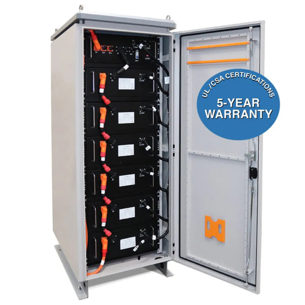 AIMS Power 230V lithium battery cabinet master with open door, stacked battery modules, UL/CSA certification, and 5-year warranty badge.