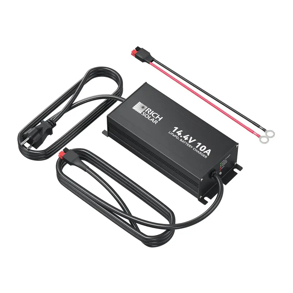 Rich Solar RS-BC12V10 12V 10A LiFePO4 battery charger showing the main unit, AC power cord, integrated DC output cable, and separate ring terminal adapter.